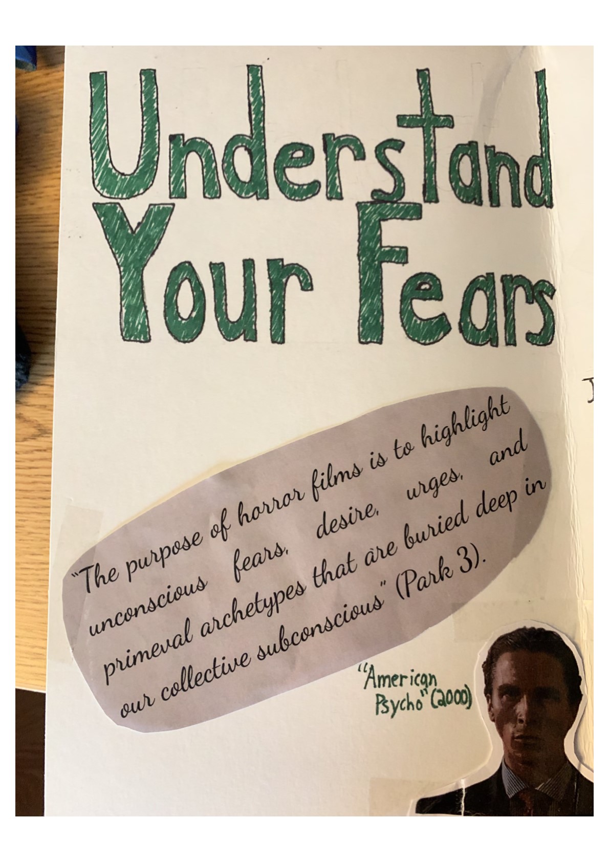 “Understand Your Fears” in large green letters. Text reads: “‘The purpose of horror films is to highlight unconscious fears, desire, urges, and primeval archetypes that are buried deep in our collective subconscious’ (Park 3). A picture from “American Psycho (2000),”